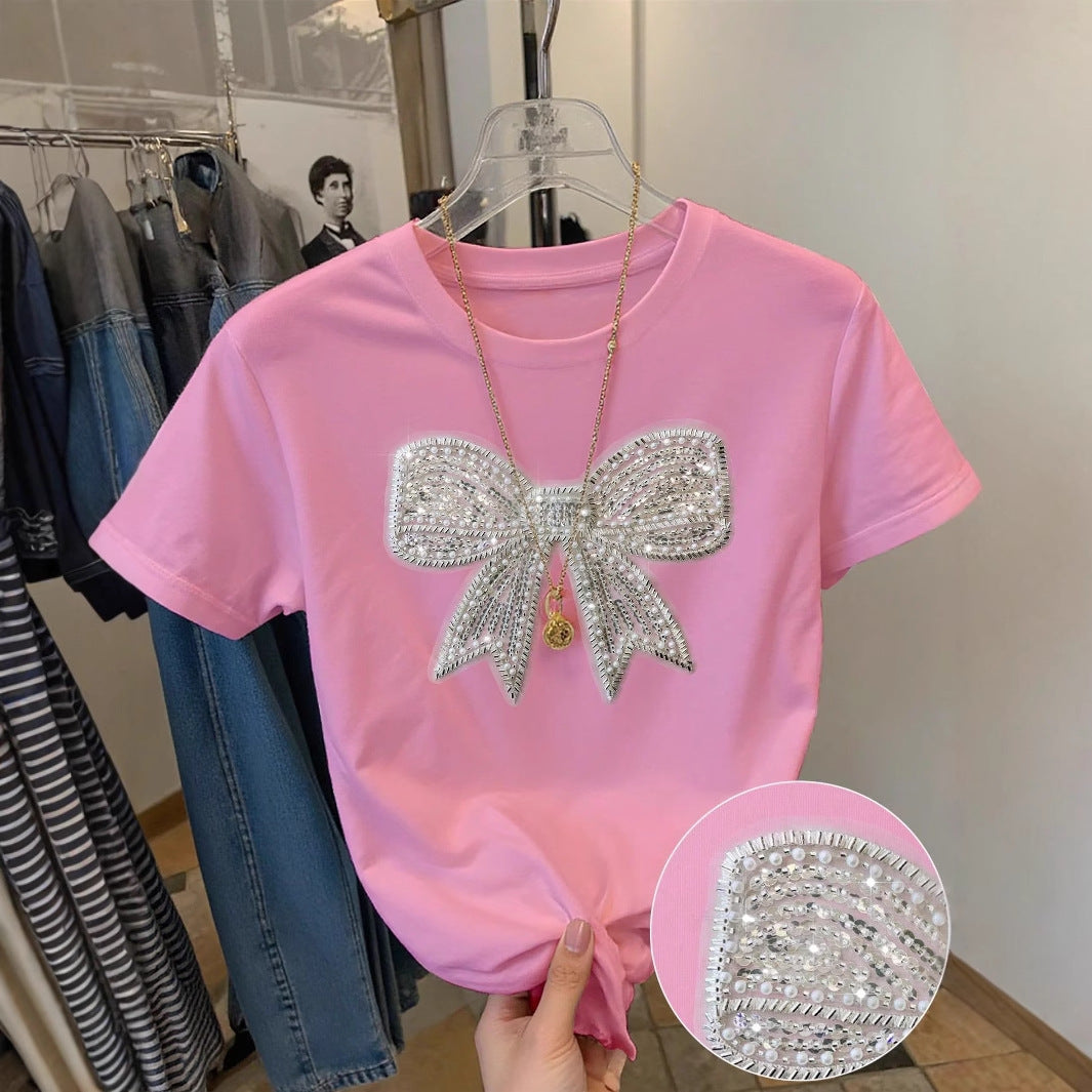 summer new women's clothing New Popular trade fashion casual commuting loose round neck bow printed T-shirt short