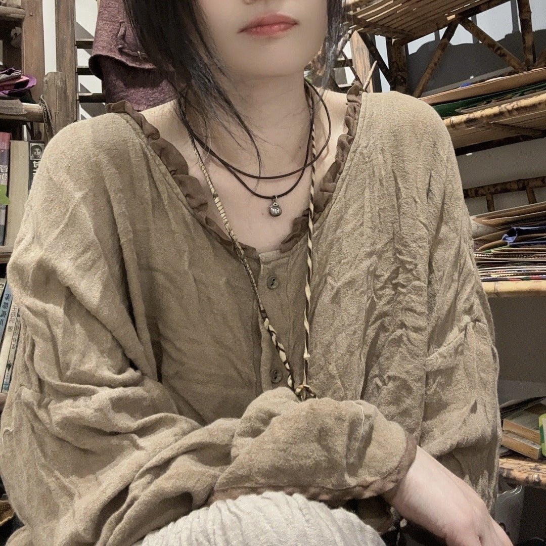 2025 24/4 SN41 literary and retro long-sleeved linen cotton smoked color craft fried old contrasting color lace neck cardigan shirt