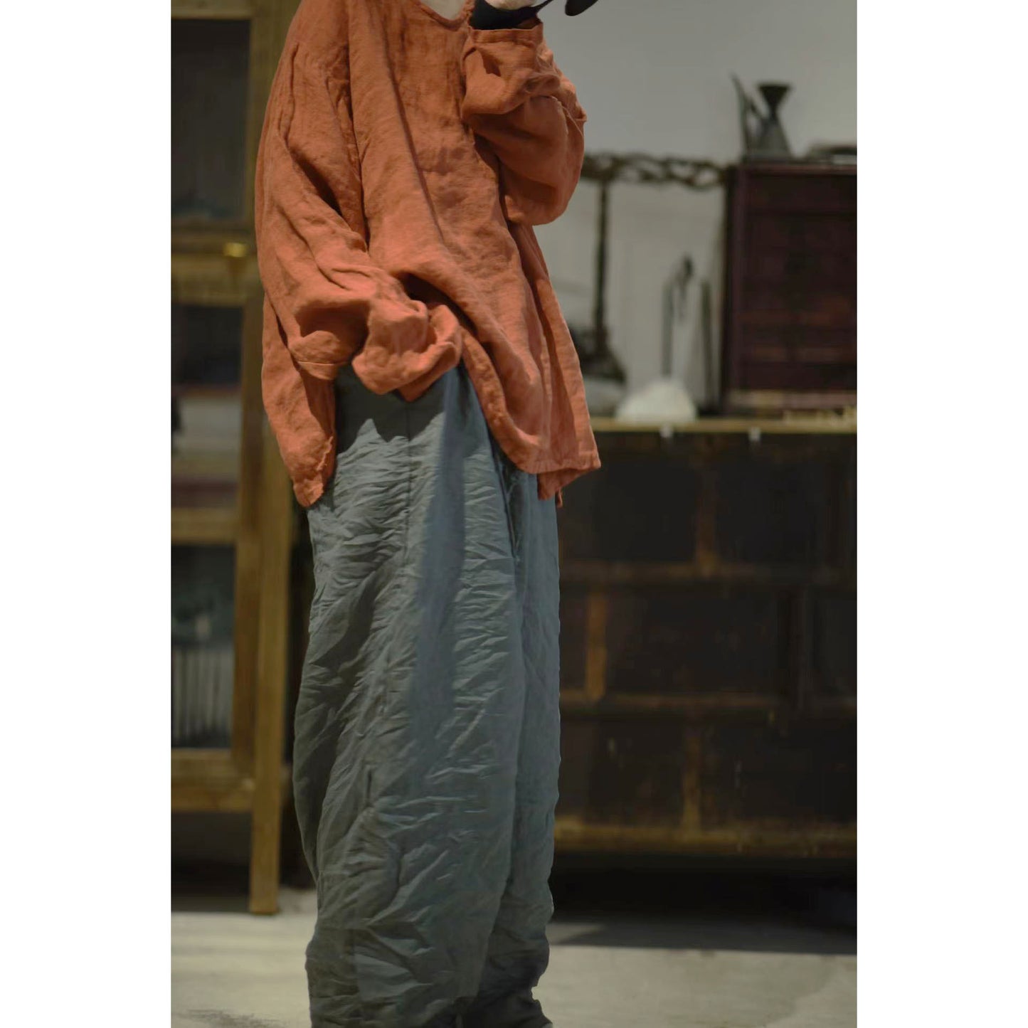 2025 23/2 Xiaonuan, spring literary and retro washed old linen v-neck pullover shoulder shirt