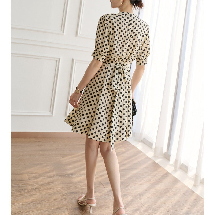 2025 Skinny style~ Polka dot waist silk dress, mulberry silk skirt, Hangzhou high-end women's clothing medium and long style
