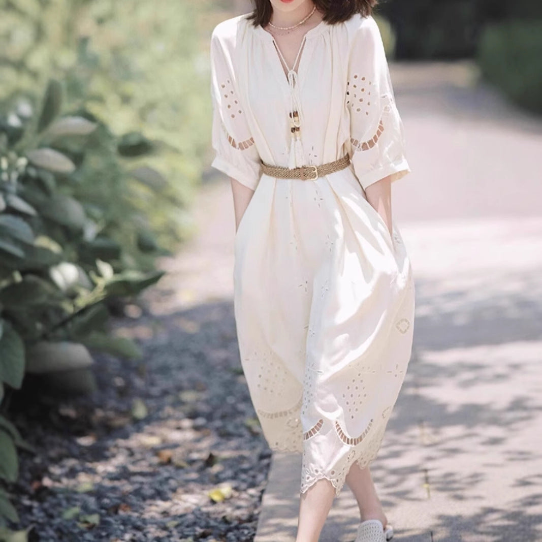 2025 gentle wind white hollow dress women's spring new bohemian niche design skirt