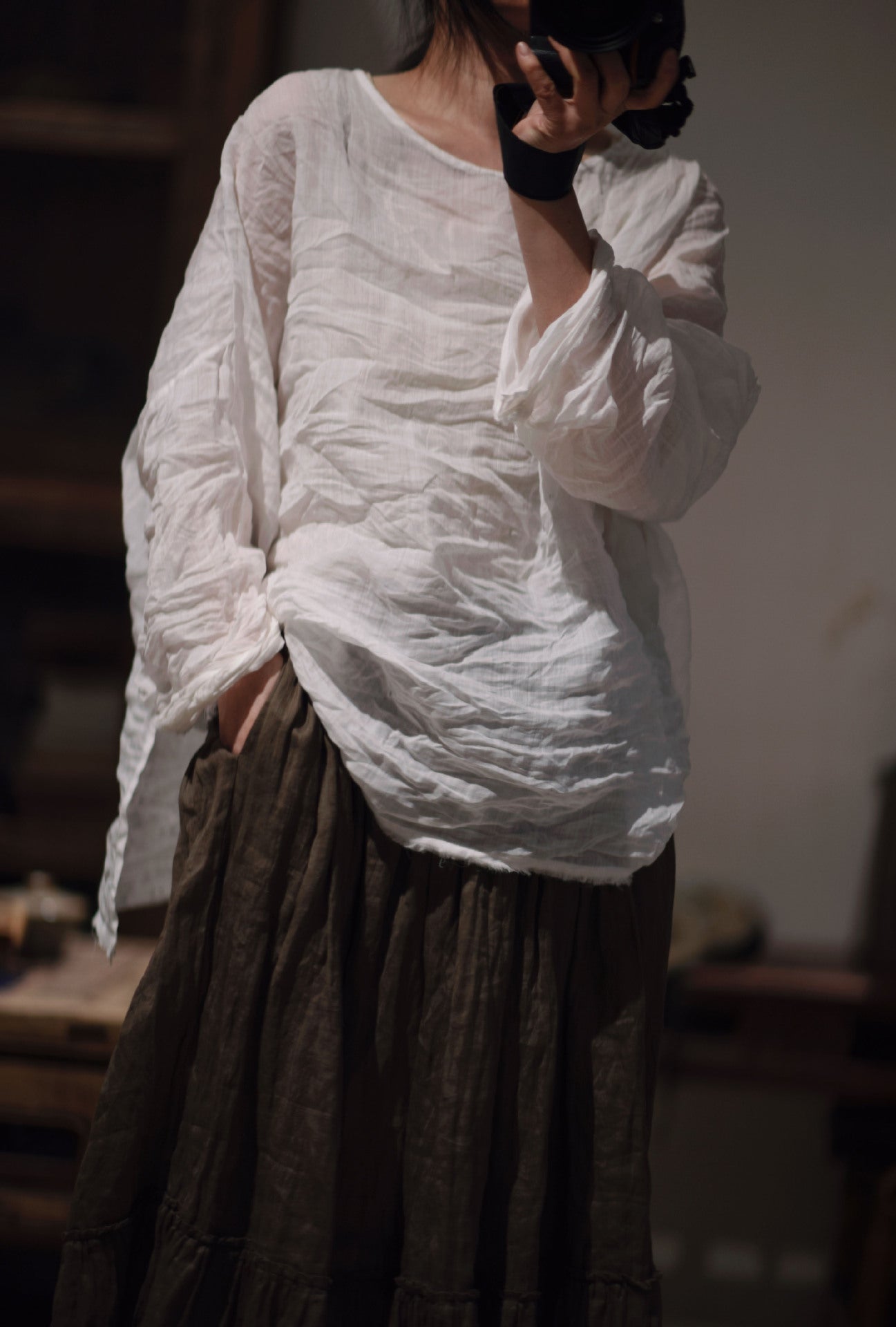 2025 23/3 small beard, literary and retro ramie washed rough edge pullover, shoulder-length loose shirt