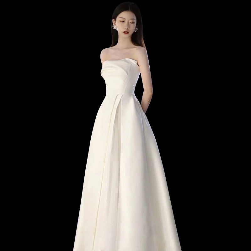 2025 tube top satin light wedding dress bridal toast dress temperament simple and thin banquet dress wedding evening dress