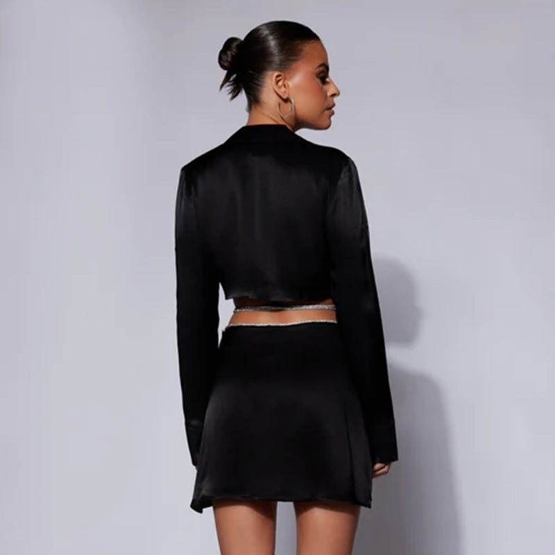 2025 autumn and winter explosion Spice Girl slim-fit rose satin high-waisted lace-up short skirt long-sleeved cardigan two-piece set for women