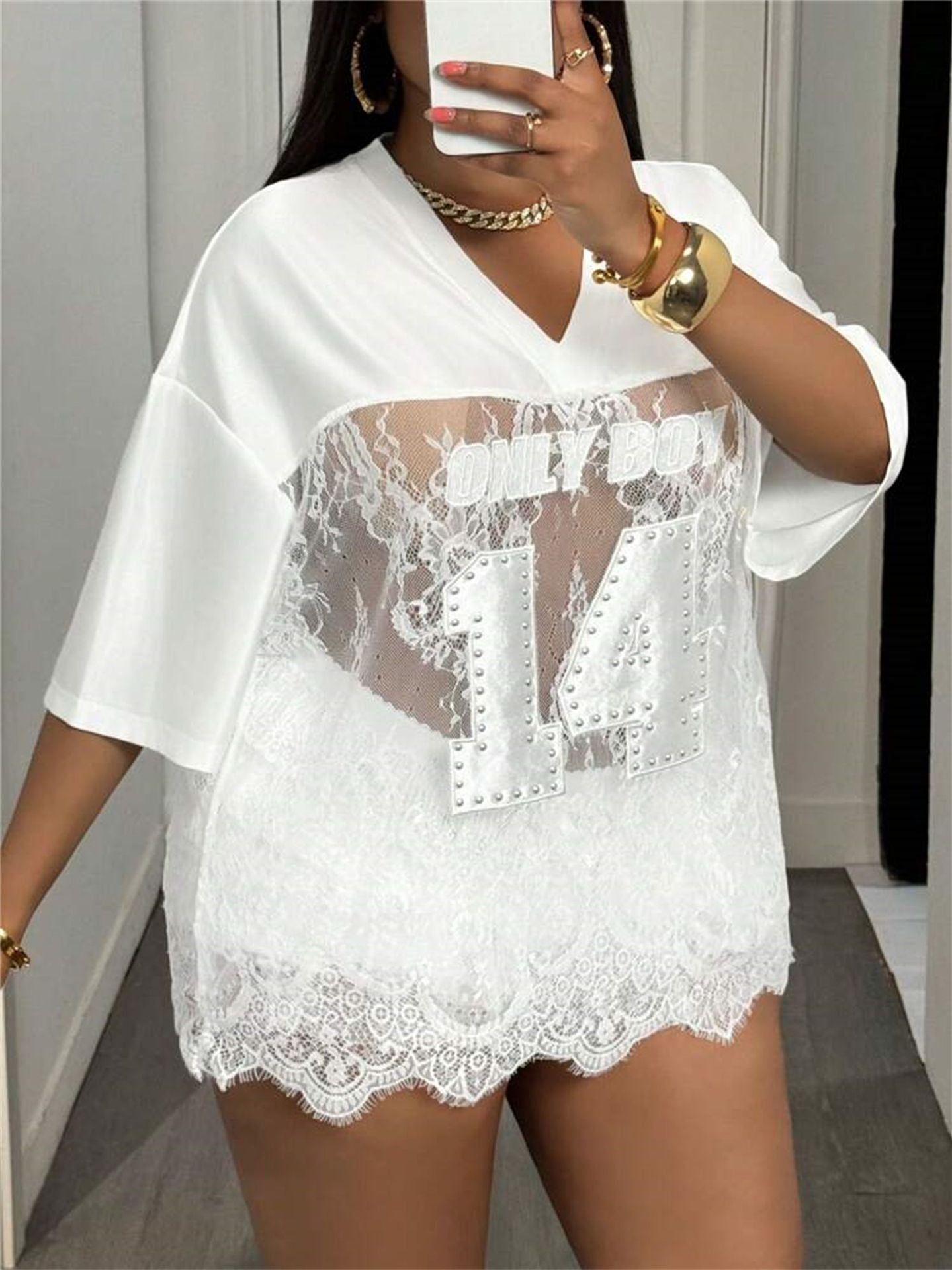 summer new women's clothing New Popular trade printing loose casual street perspective sexy lace splicing top