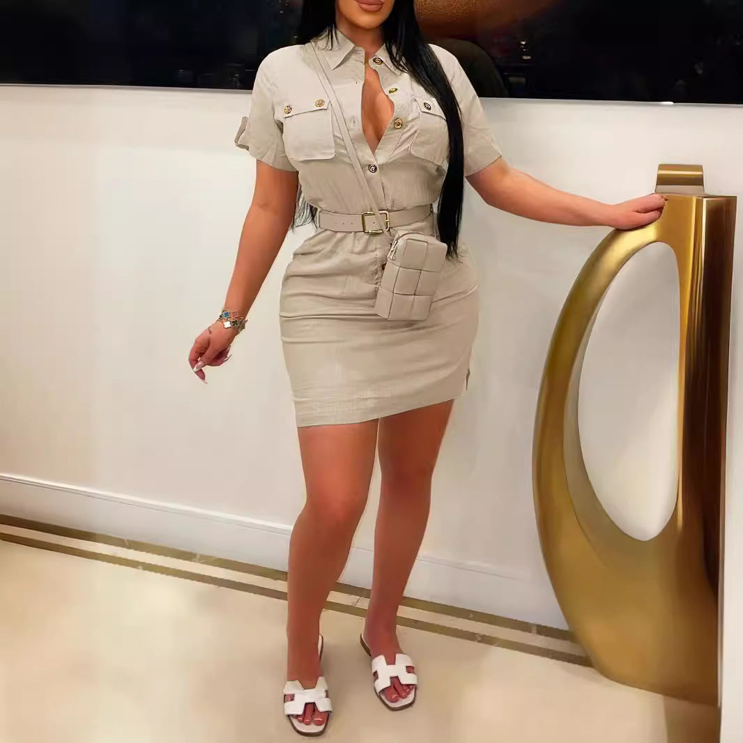 XIANGTUIBAO Wendy's 2025 fashion New women's clothing shirt collar button belt pocket dress popular new