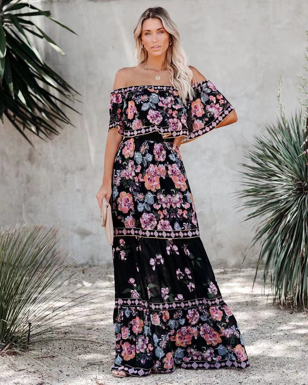 2023 New New Popularan, 2025n Spring and Summer Shoulder Safflower Printing Long Pendulum Dress Women