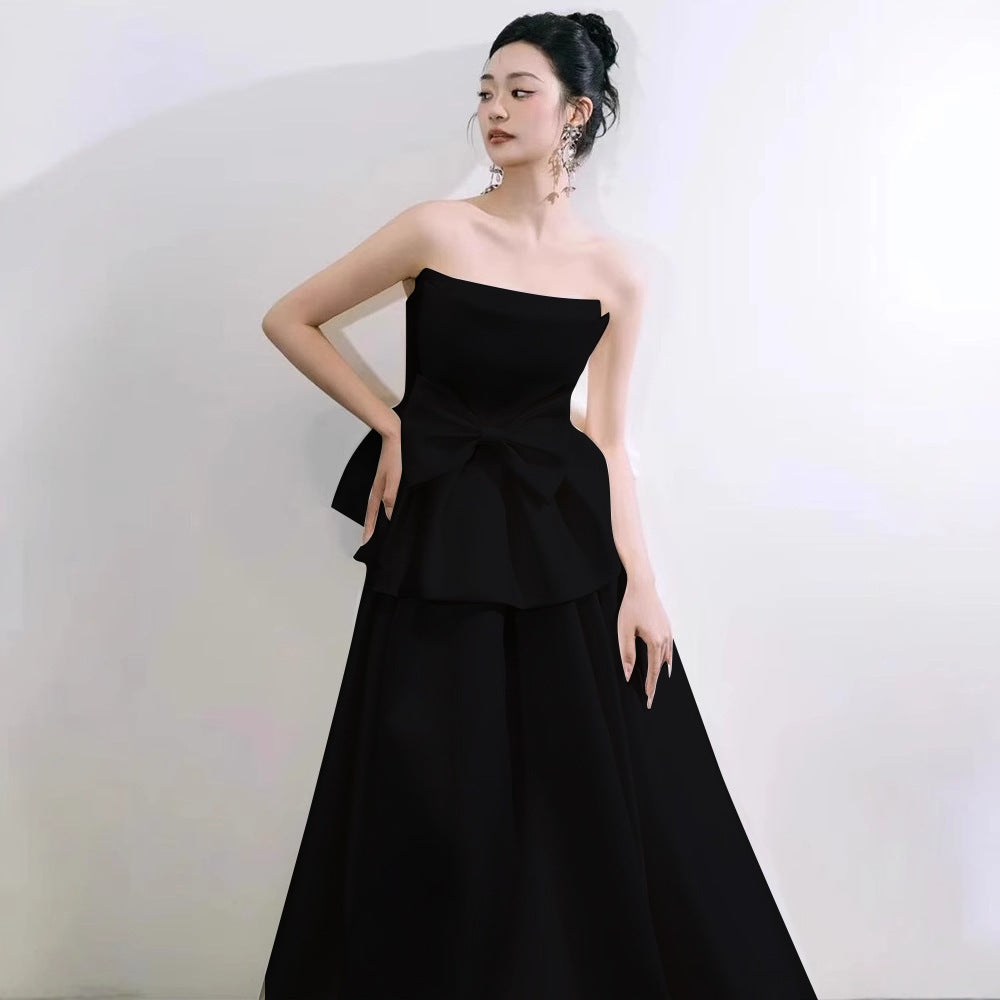 2025 tube top light wedding dress bride simple niche satin temperament go out yarn Mori bow engagement dress skirt