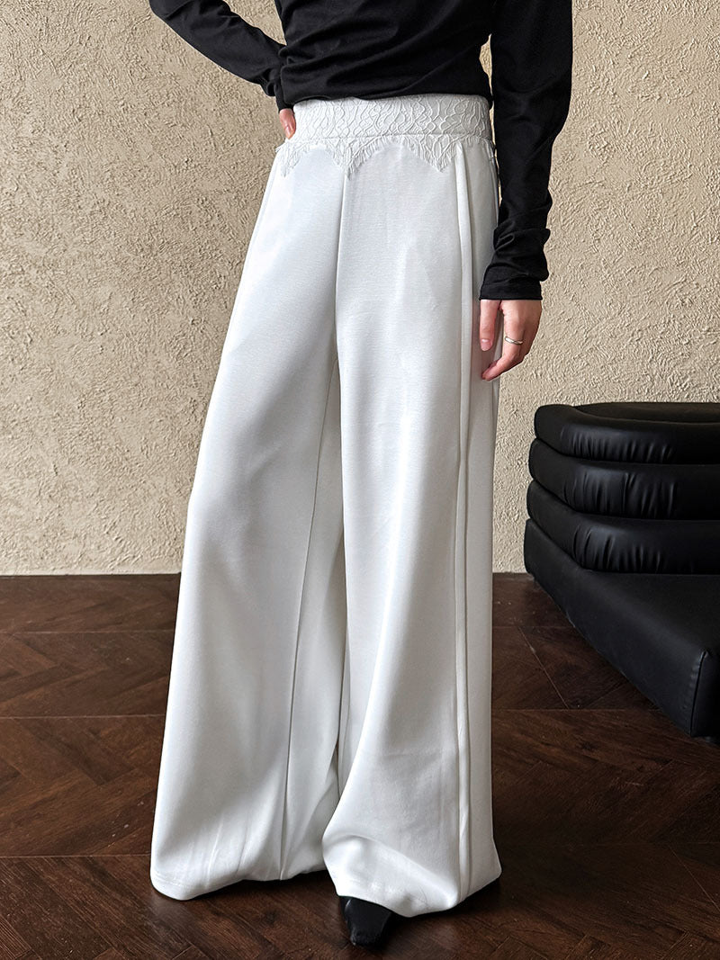 Luxi, Korean lace splicing casual wide-leg pants women's spring new high-waisted versatile soft waxy straight trousers 2890