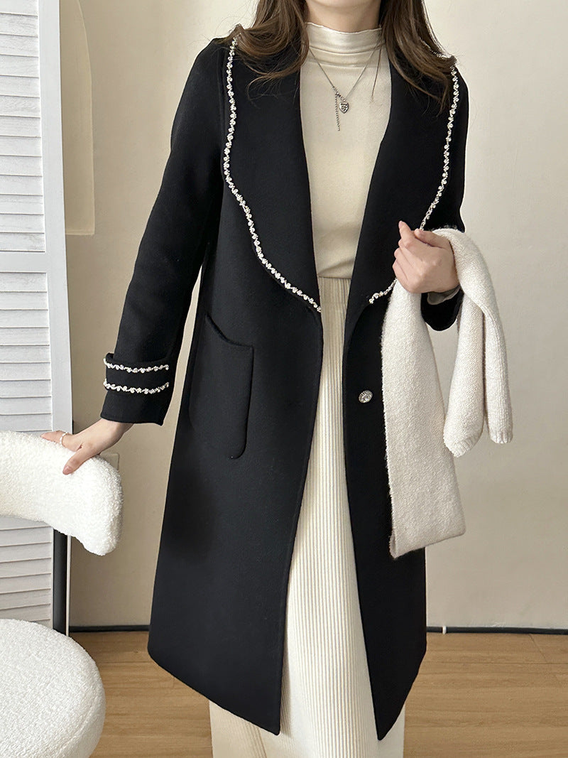 2025 Temperament design small fragrant wind bead trim decoration medium and long double-sided wool coat autumn and winter lace-up woolen