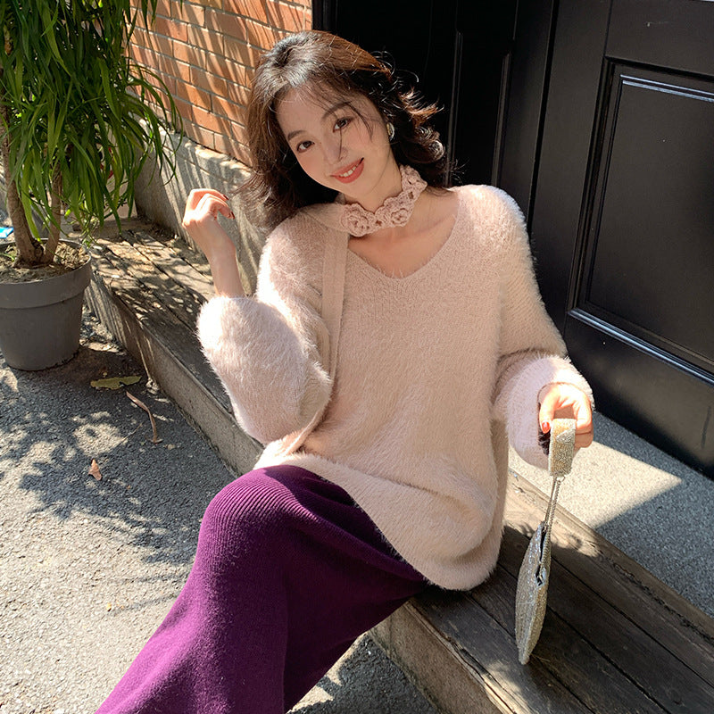 2025 Thirteen Lines popular Autumn and Winter New V-Neck Neck Thickened Imitation Mink Knitted Sweater Women's Sweater Women's 25164