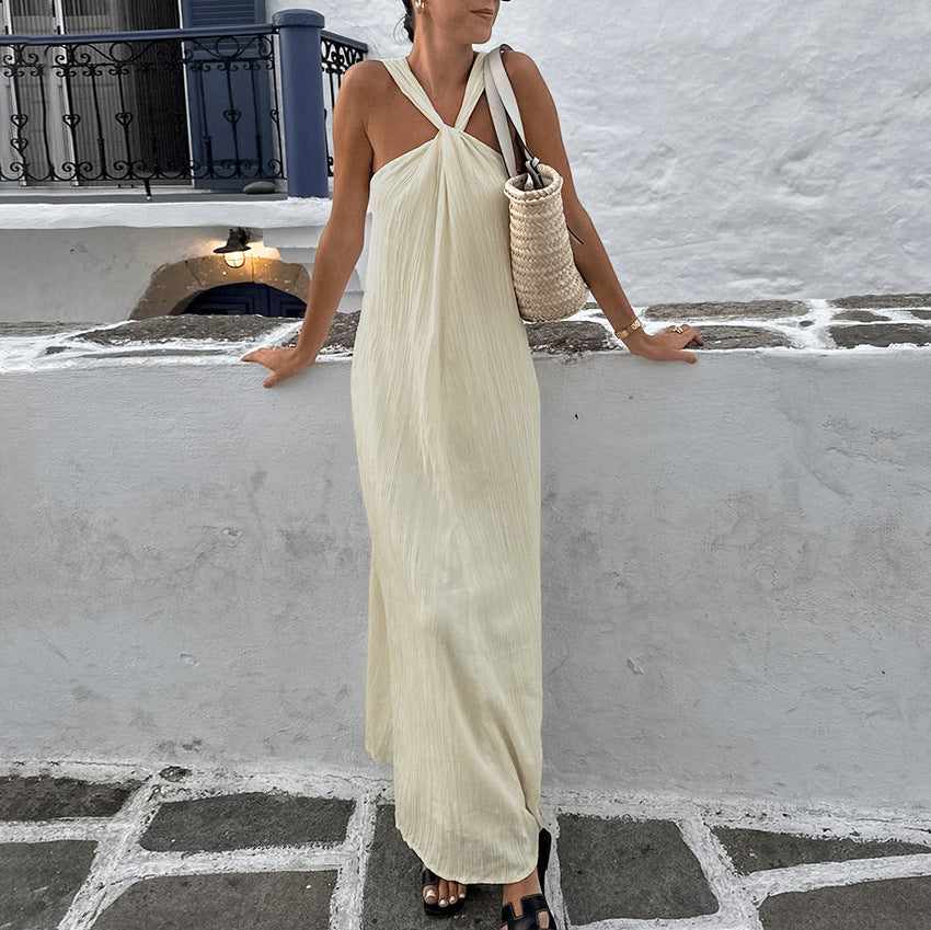 2025 Beige sleeveless neck beach casual dress popular autumn fashion simple new ankle dress women