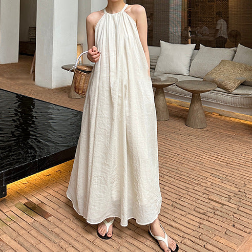 2025 spring and summer new neck pleated fried color pure ramie cotton and linen loose holiday dress