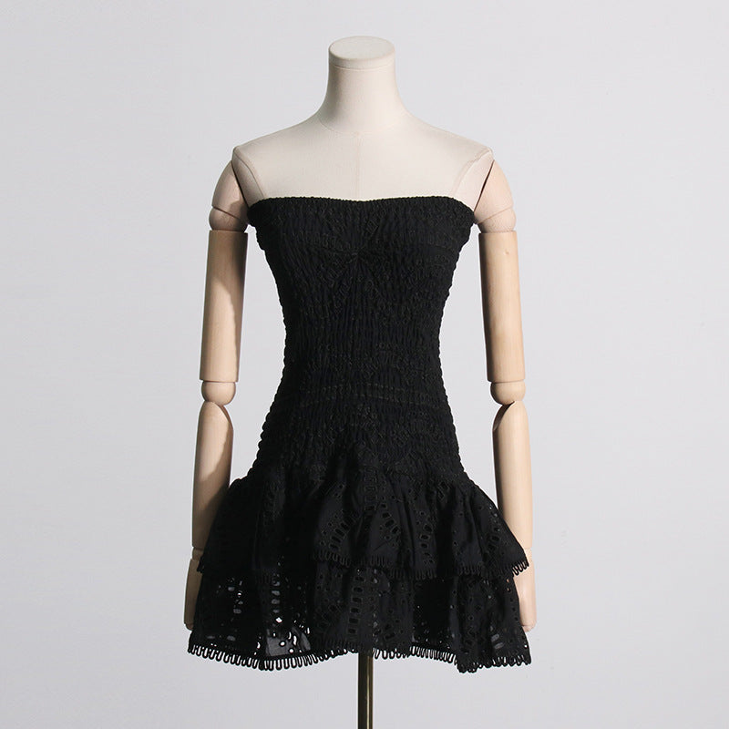 2025 Summer New European and American Sexy Hot Girl Style Elastic Waist Tube Top Embroidered Ruffled Short Dress Women