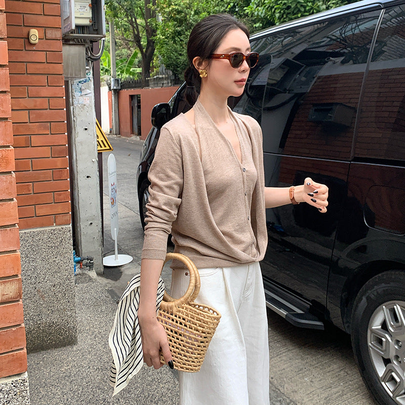 2025 Thirteen Lines Spring New Temperament Versatile Wool Neck Knitted Sweater Women's Long Sleeve Top 25225