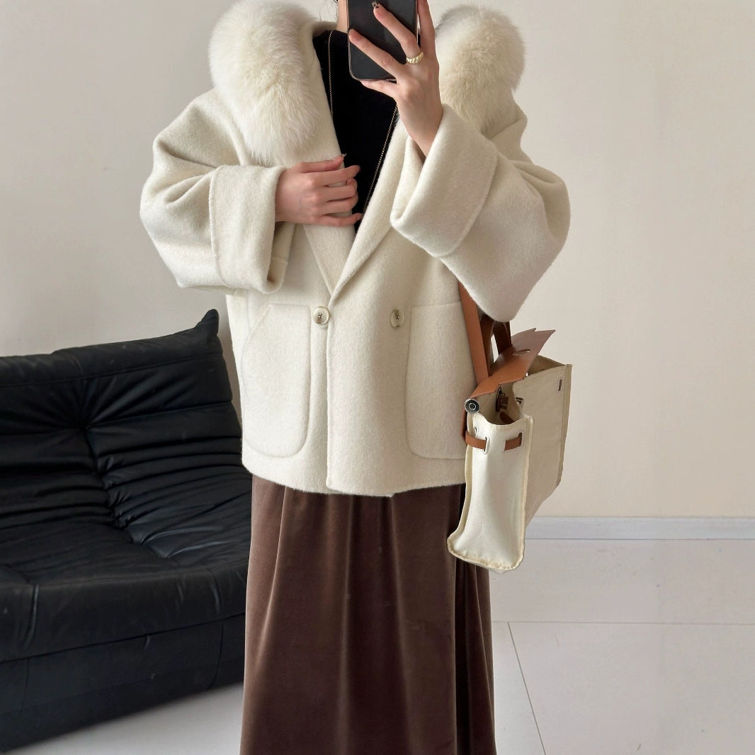 2025 Fox fur hooded large pocket double-breasted removable double-sided wool coat medium and long woolen coat women's autumn and winter