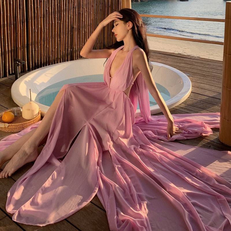 2025 Pendant vacation beach dress premium pink fairy neck dress female summer elegant backless skirt