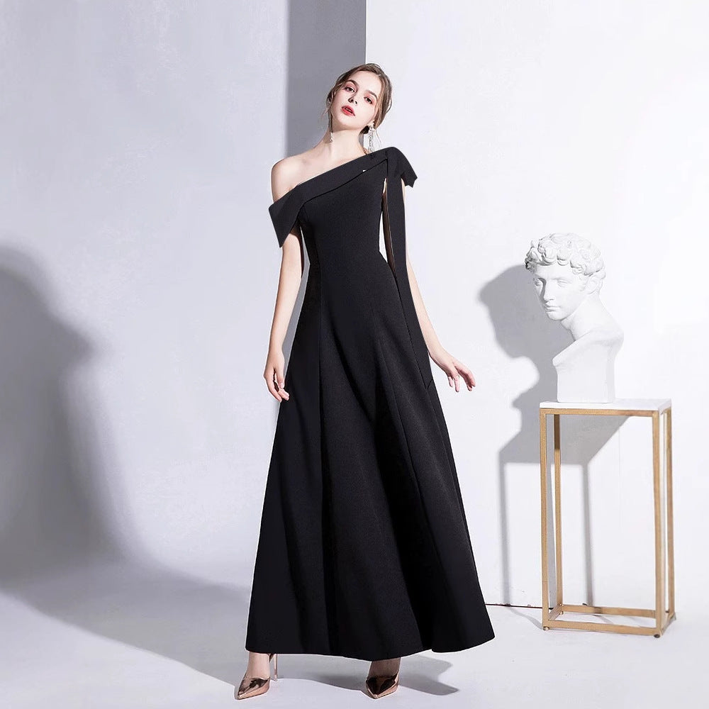 2025 Black evening dress women's spring new one-shoulder celebrity temperament banquet dress slim long daily dress
