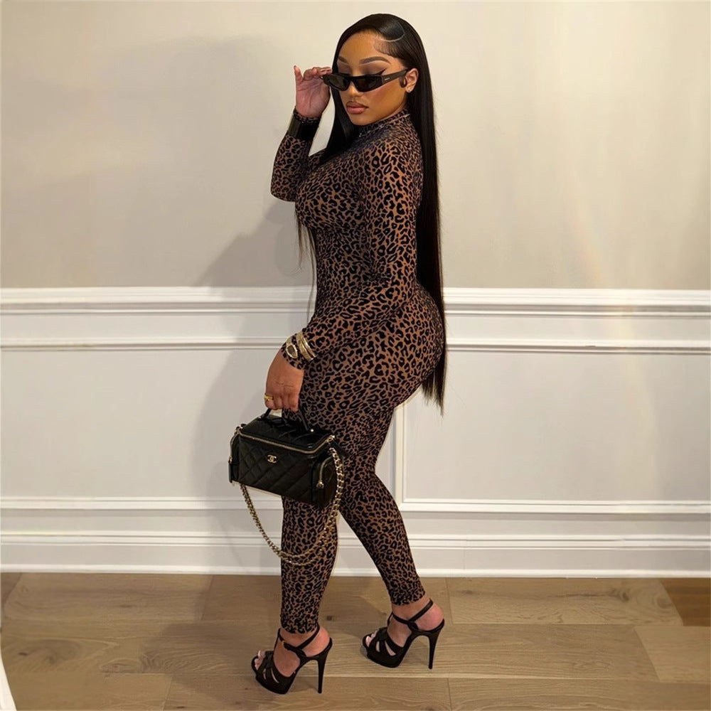 popular autumn new New fashion versatile elastic slim sexy spice leopard print long-sleeved jumpsuit women