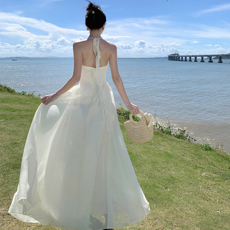 2025 high-end sense super good-looking fairy temperament chiffon neck dress fairy summer seaside vacation long skirt