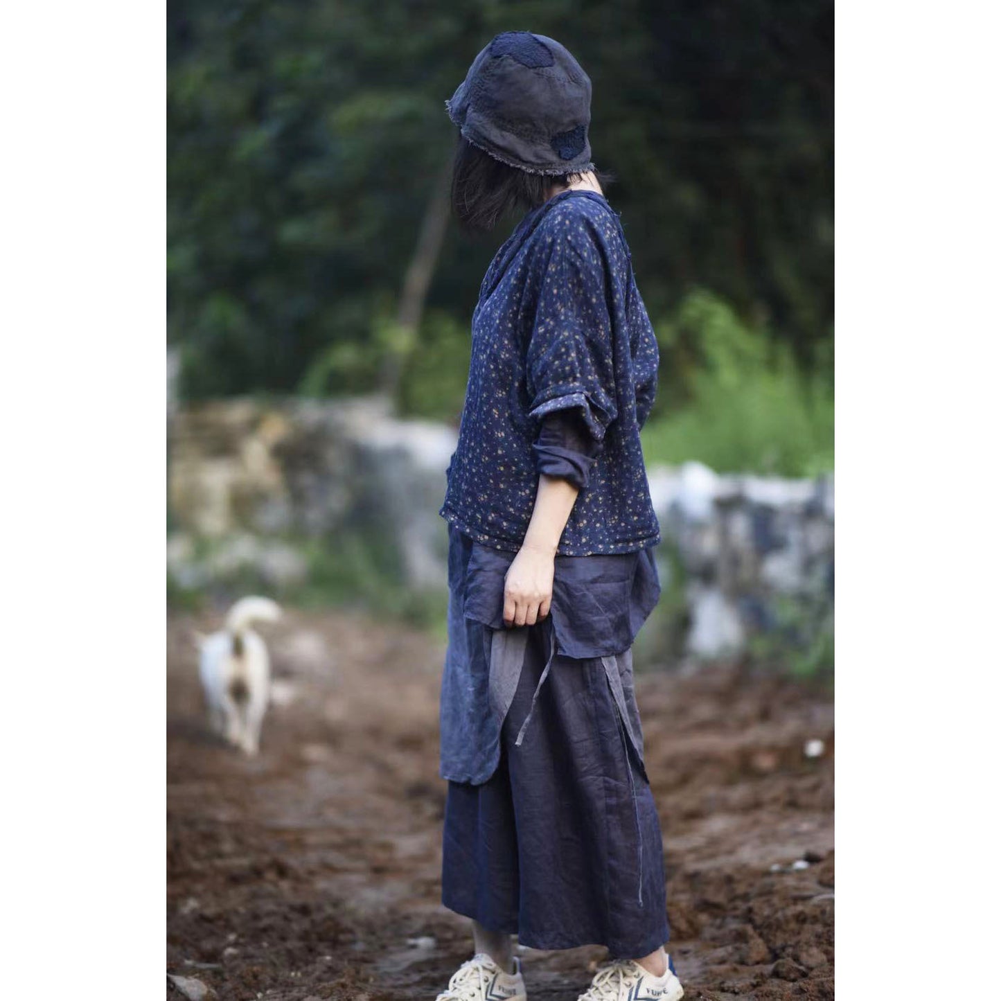 2025 21/7 Xiaoqi, early autumn new literary and retro double-layer cotton printing loose round neck half-open pullover short shirt