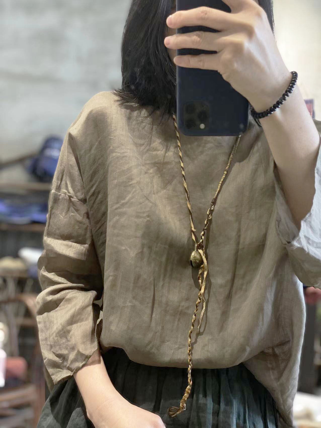 2025 22/6 small master, literary and retro light and casual pullover, one-word collar summer sunscreen ramie shirt