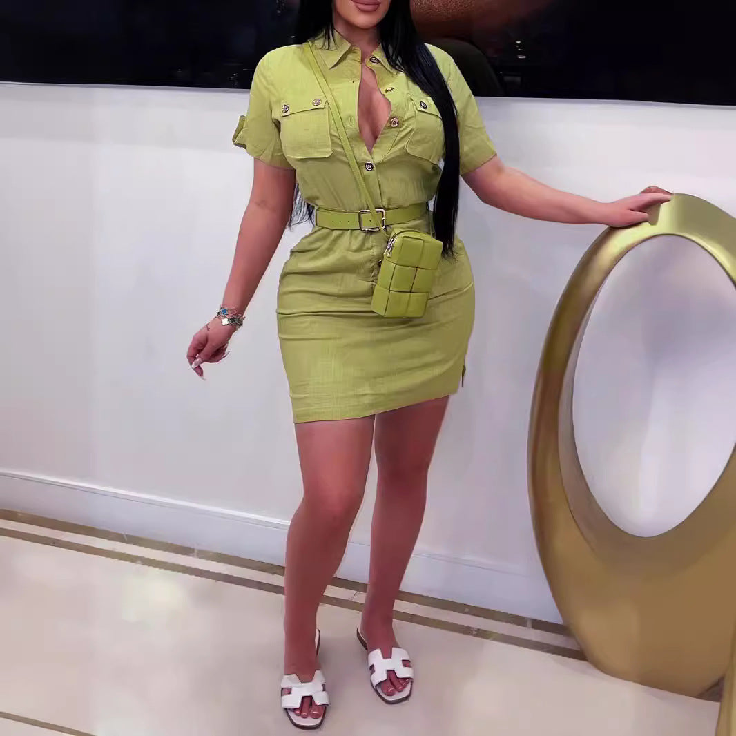 XIANGTUIBAO Wendy's 2025 fashion New women's clothing shirt collar button belt pocket dress popular new