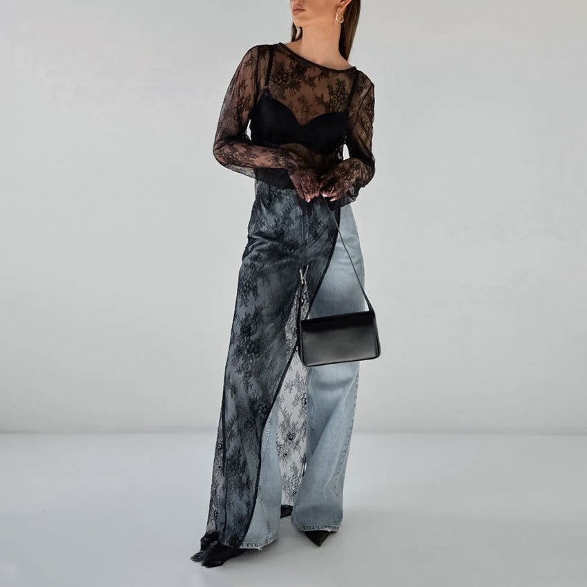 2025 Sexy black perspective dress brocade lace round neck long sleeve split asymmetric dress summer versatile dress