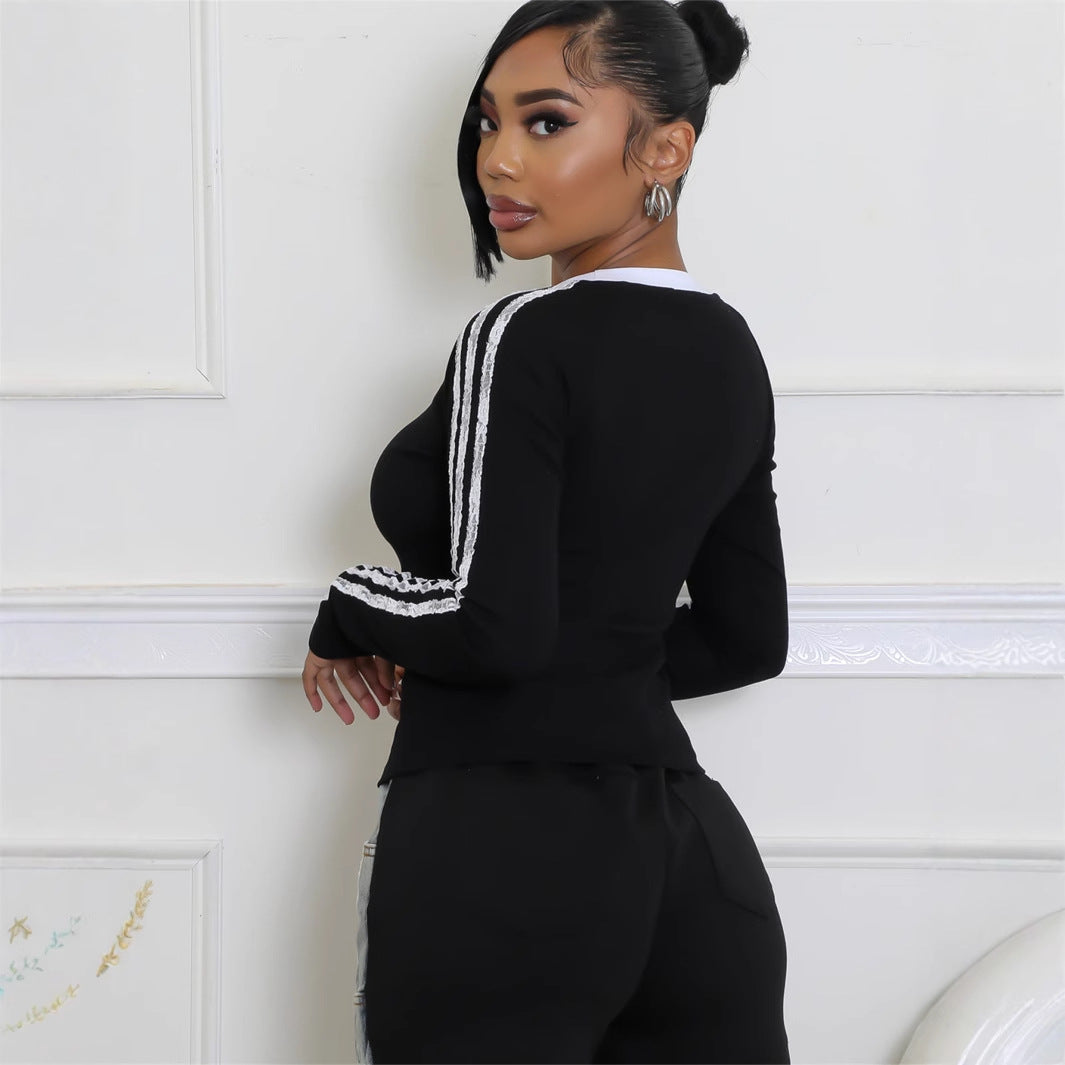 Autumn new New fashion retro slim fit sexy spice girl printed striped short long-sleeved top women