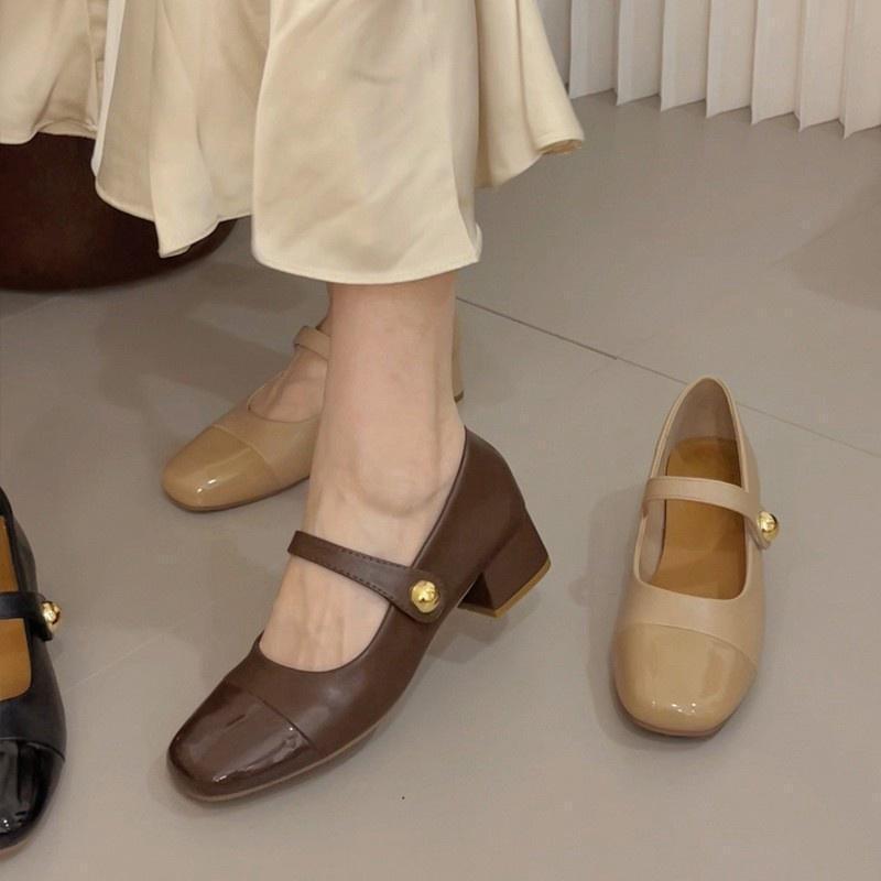 2025 Spring and Autumn Gentle Square Head Middle Heel Velcro Thick Heel Mary Jane Small Leather Shoes Japanese JK Single Shoes Women