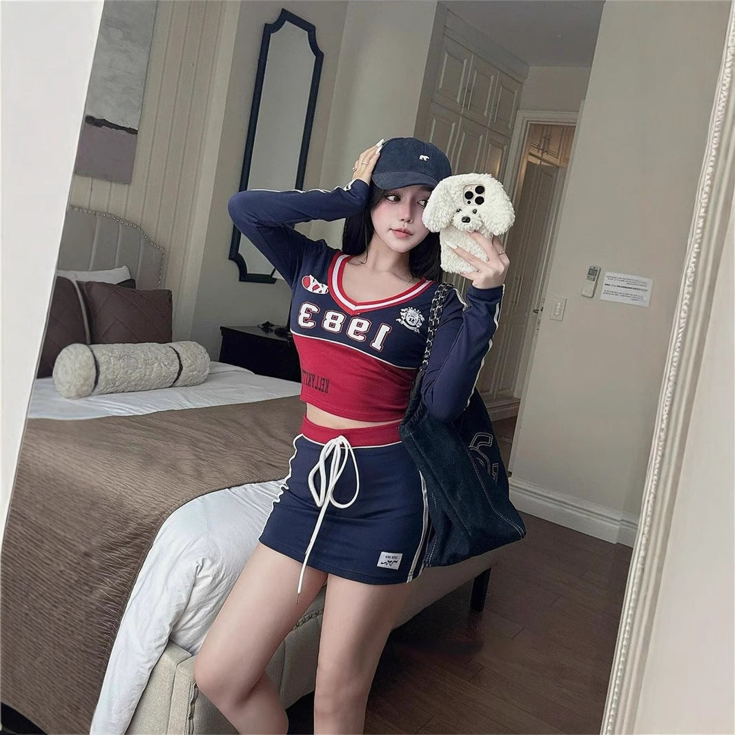 popular autumn new New slim-fit fashion printing contrasting colors Spice Girl long-sleeved top lace-up short skirt set