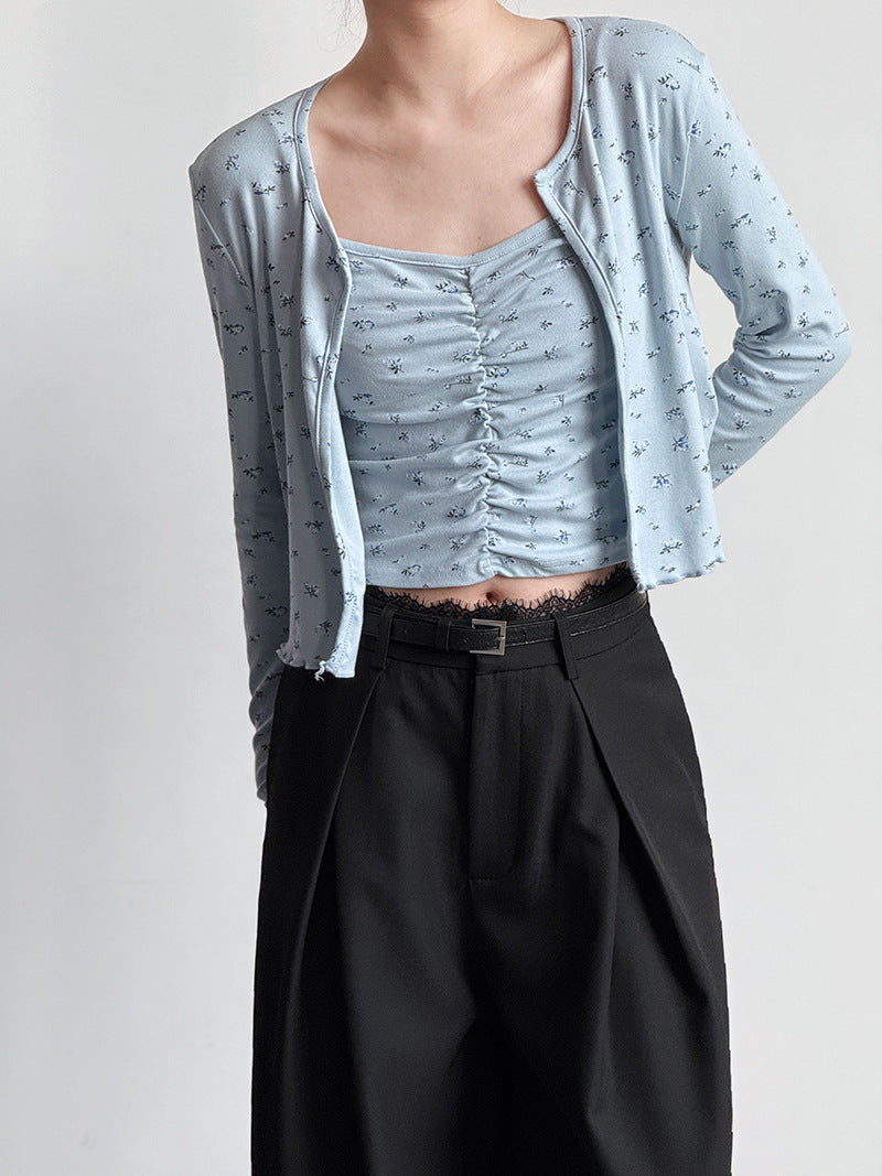 Luxi, spring women's clothing gentle floral long-sleeved knitted cardigan jacket + suspender vest two-piece set 2881