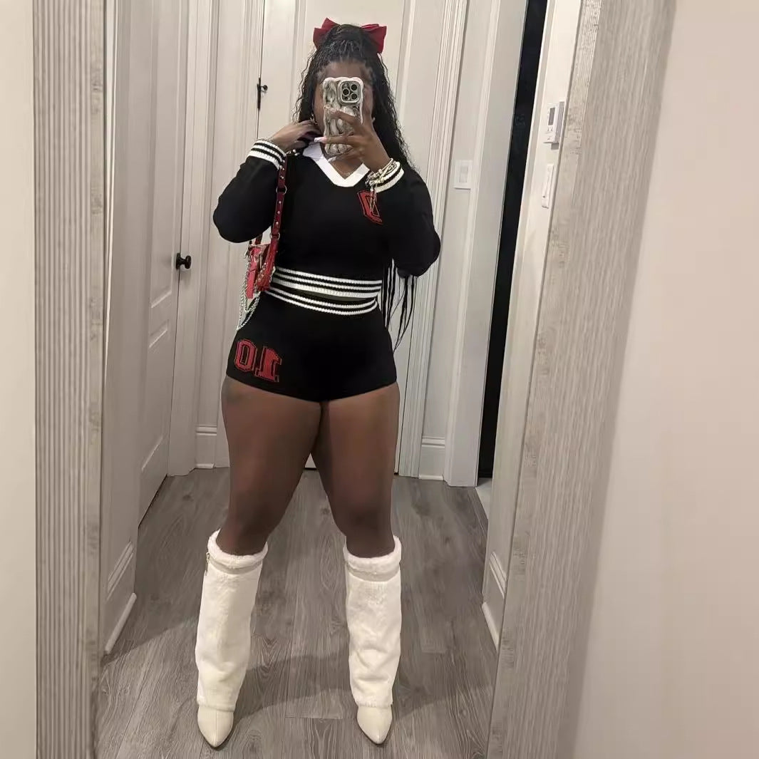 popular New new autumn college style lapel girl contrasting color elastic long-sleeved top shorts suit women