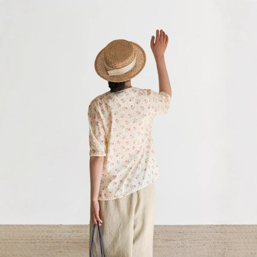 2025 popular shirt, ramie printed shirt, literary and fresh age-reducing shirt, women's floral top
