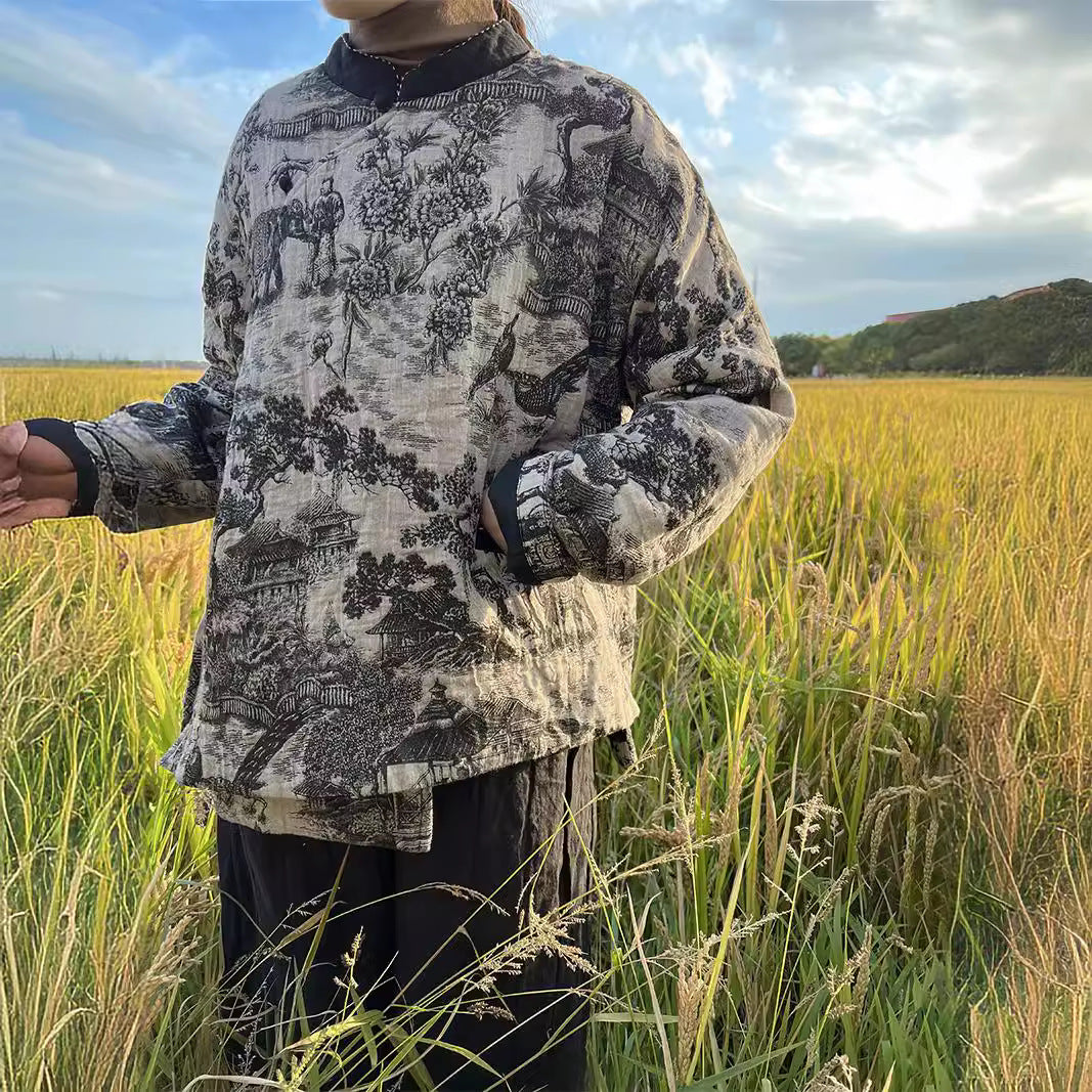 retro double-layer printing thickened diagonal placket Guochao cotton-padded coat, new Chinese personalized cotton-padded coat M21436