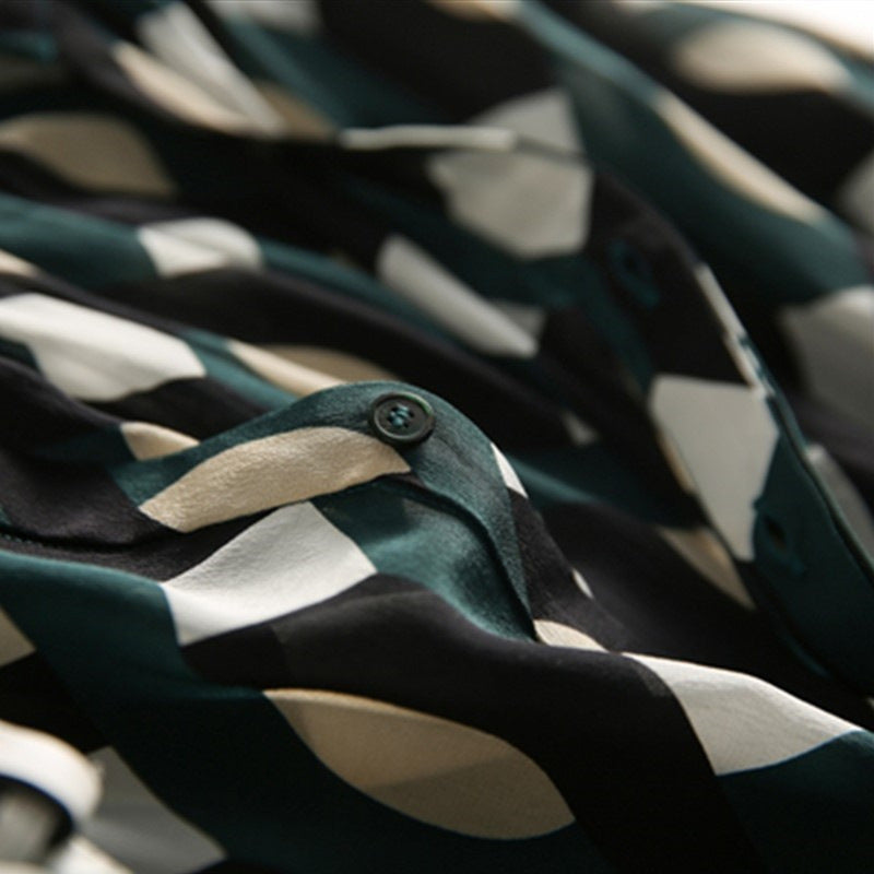 2025 Elegant geometric silk skirt, mulberry silk printed dress women's new medium and long dress, thin V-neck