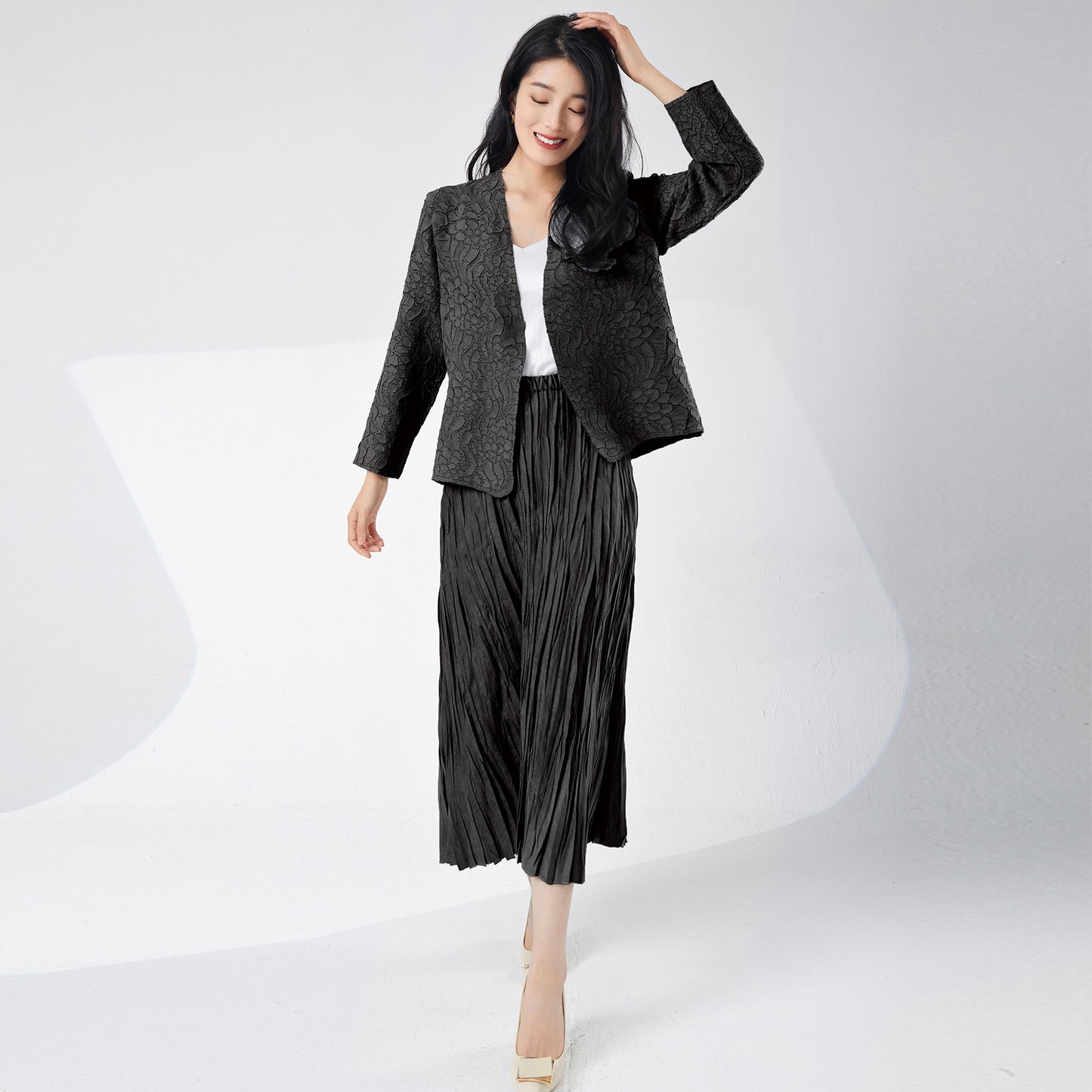 2025 High-end women's clothing suit skirt spring women's design cardigan jacket medium and long skirt versatile pleated two-piece set