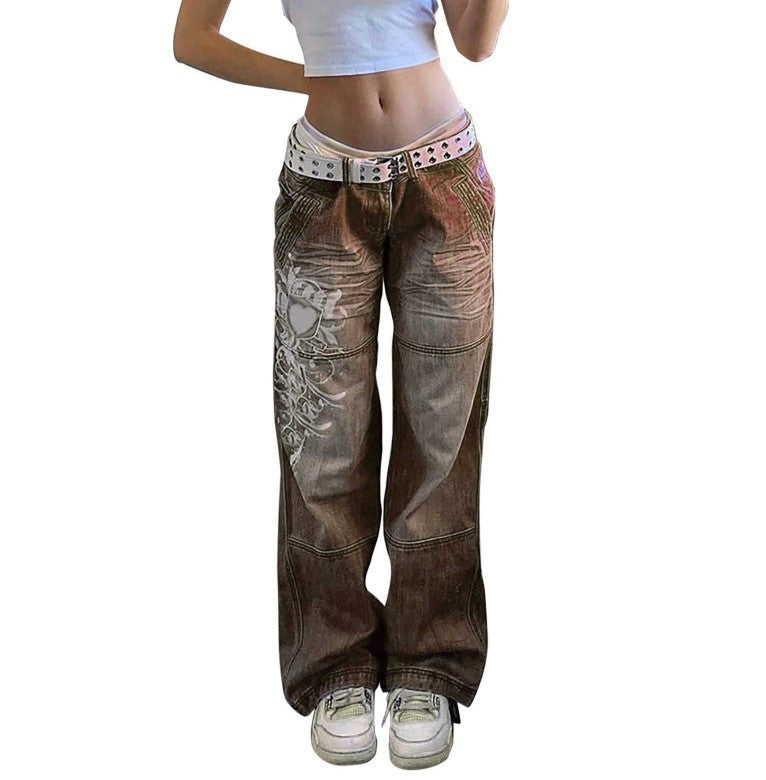 2025 2025 street style women's clothing irregular printing loose trousers low waist folds washed into old multi-colored jeans