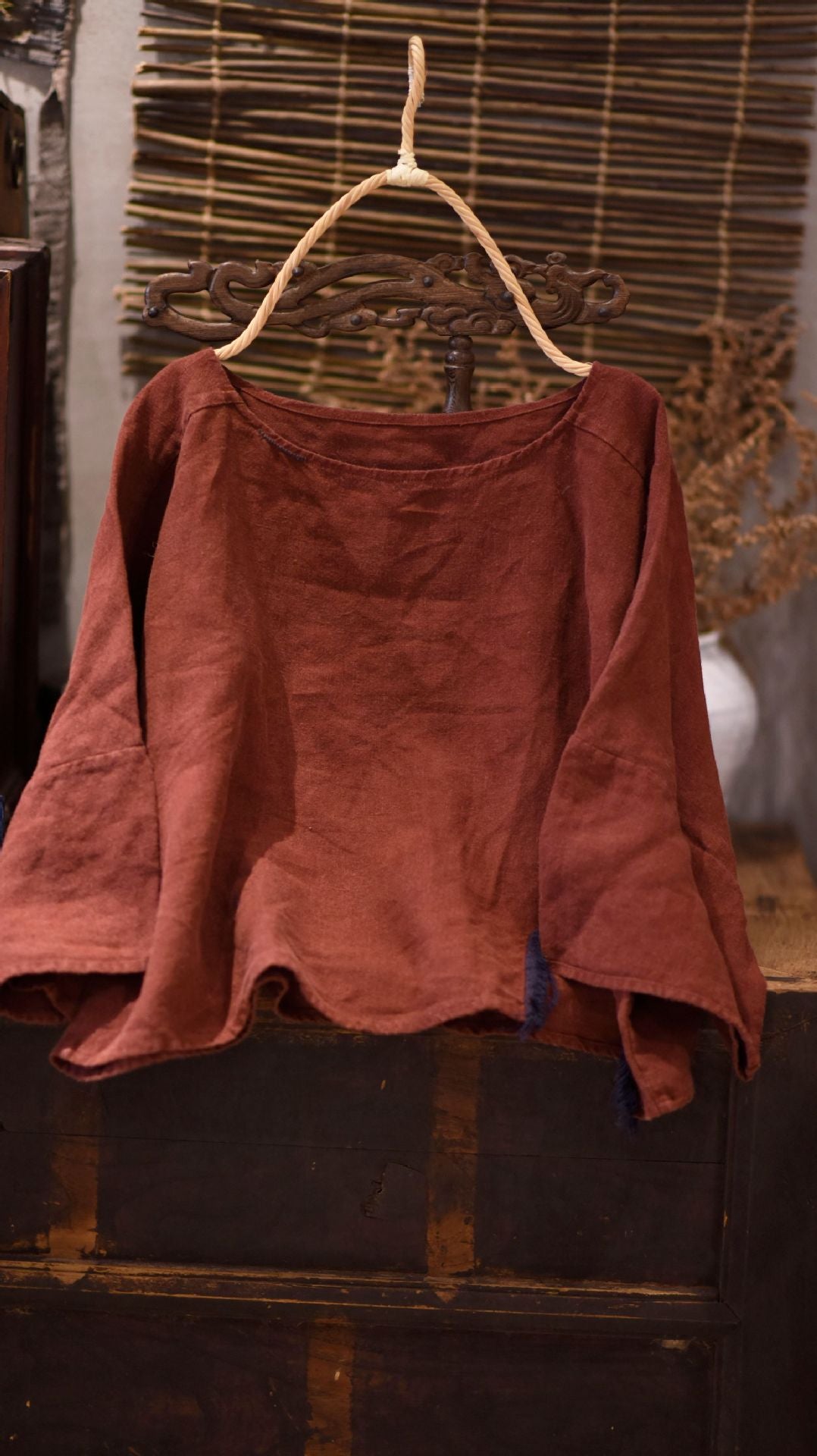 2025 22/8 Xiaohe, early autumn literary and retro linen round neck pullover shoulder seven-quarter sleeve short linen shirt