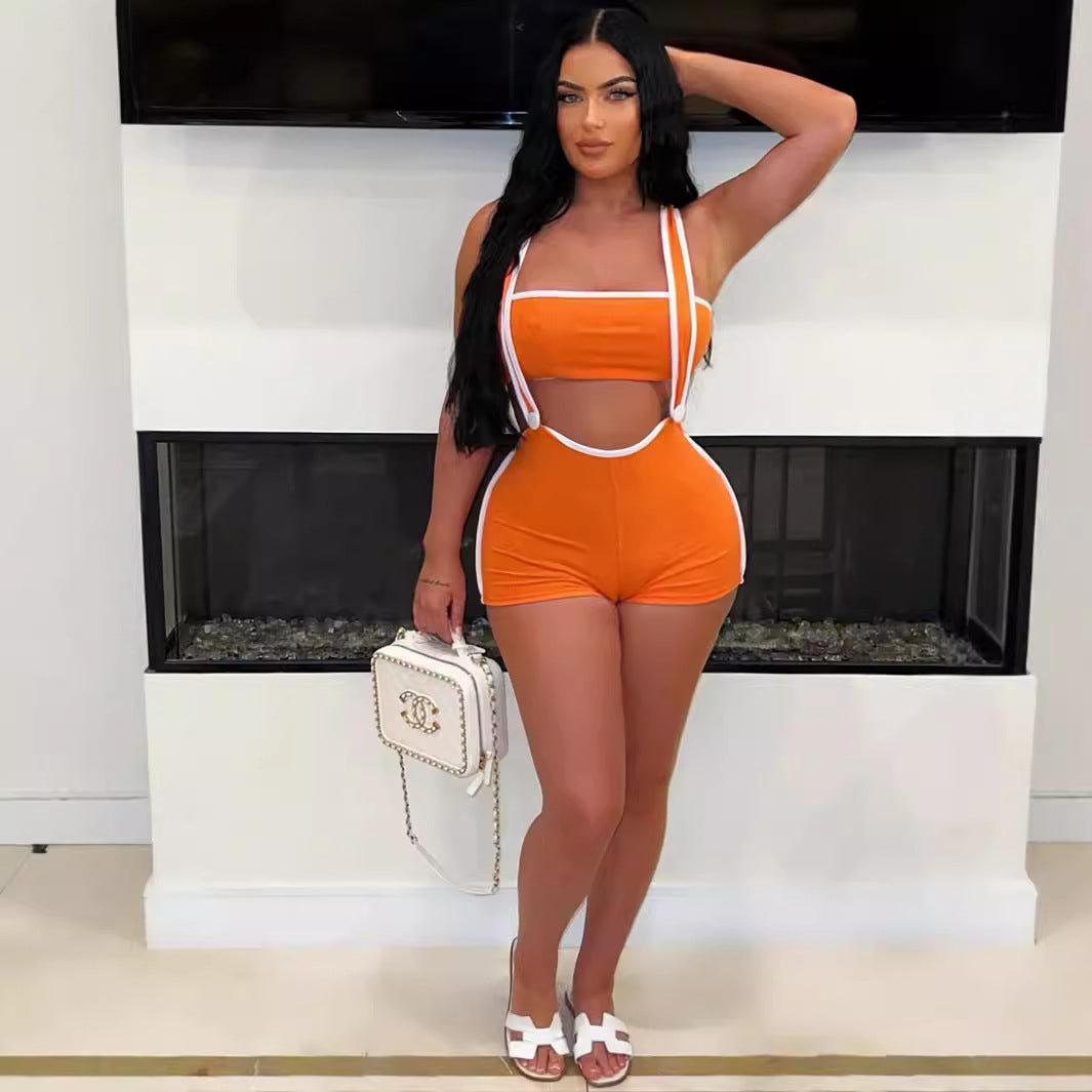 Summer New new threaded pit strip elastic sexy babes shorts tube top overalls set