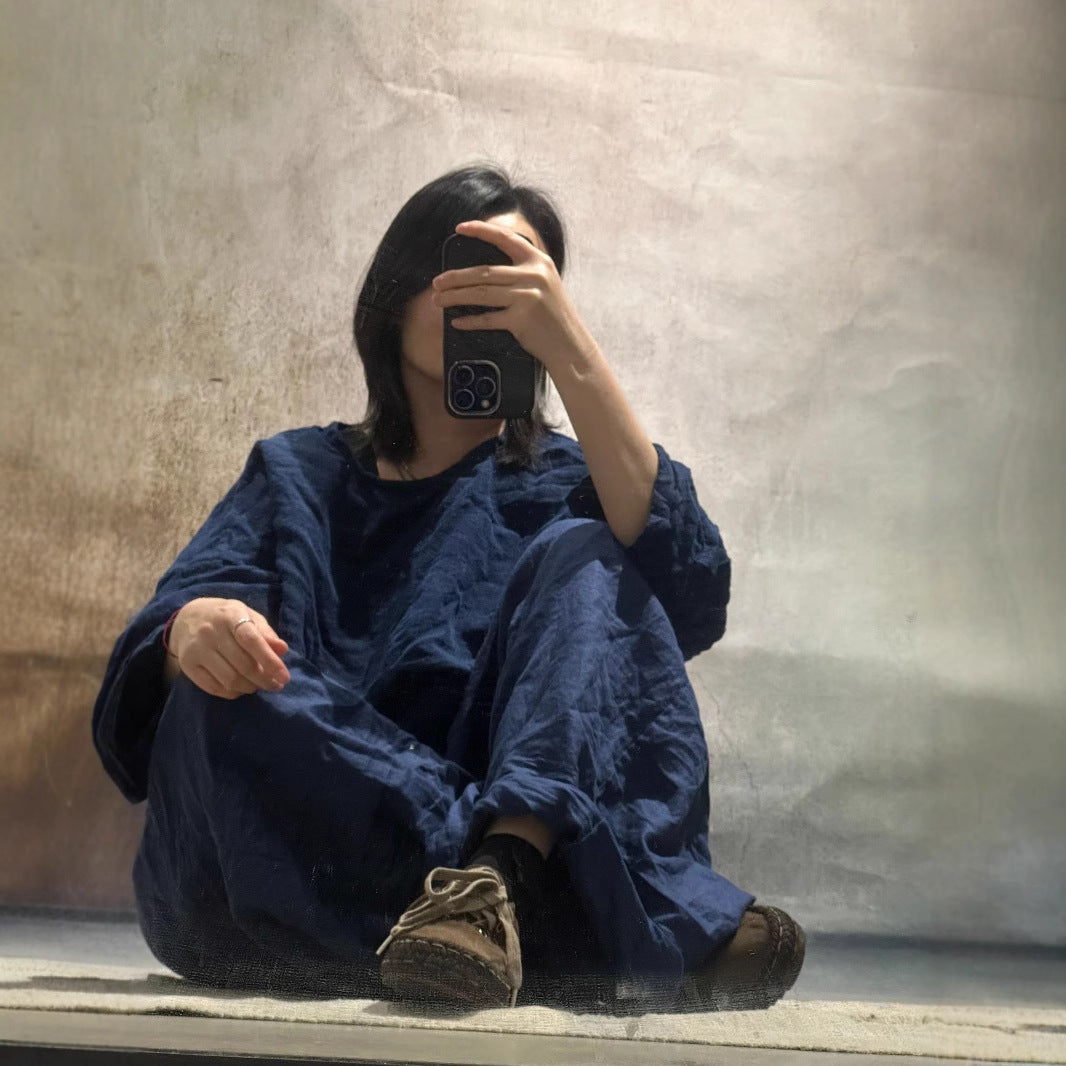 2025 25/04 Xiao Luo, yarn-dyed linen literary and retro lace-up jumper