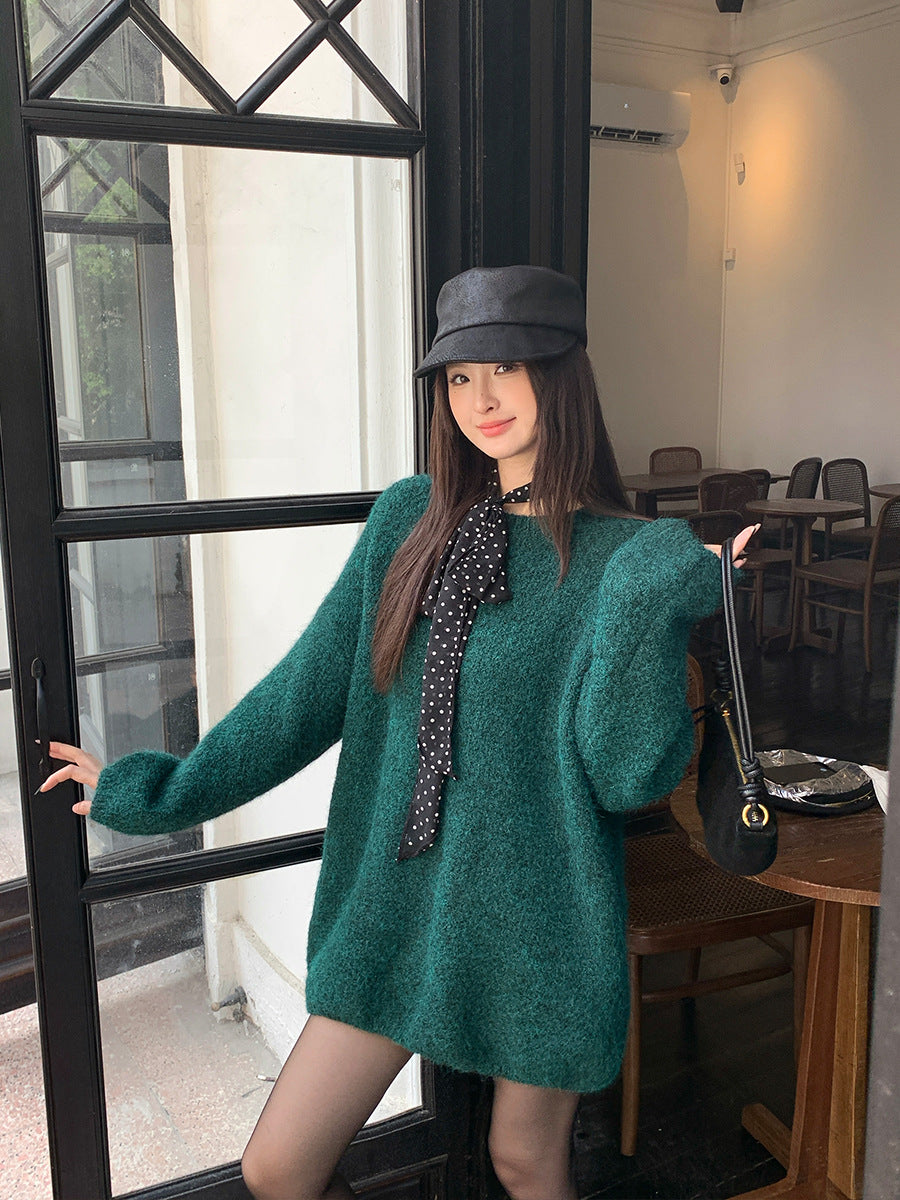 2025 popular autumn and winter loose long-sleeved temperament wool long-sleeved solid color knitted sweater sweater women 25193