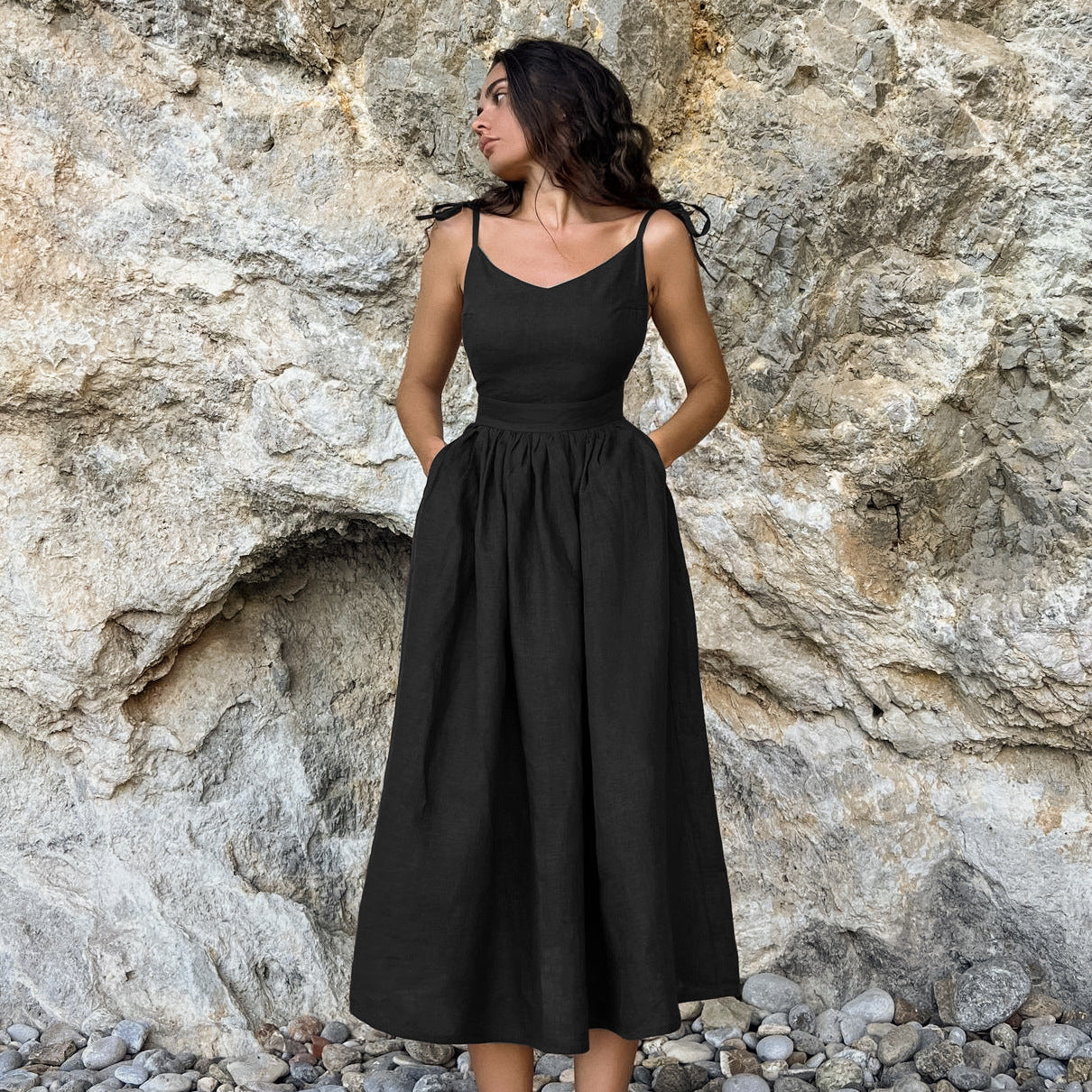 2025 khaki cotton and linen breathable suspender high waist dress spring new holiday style long dress women
