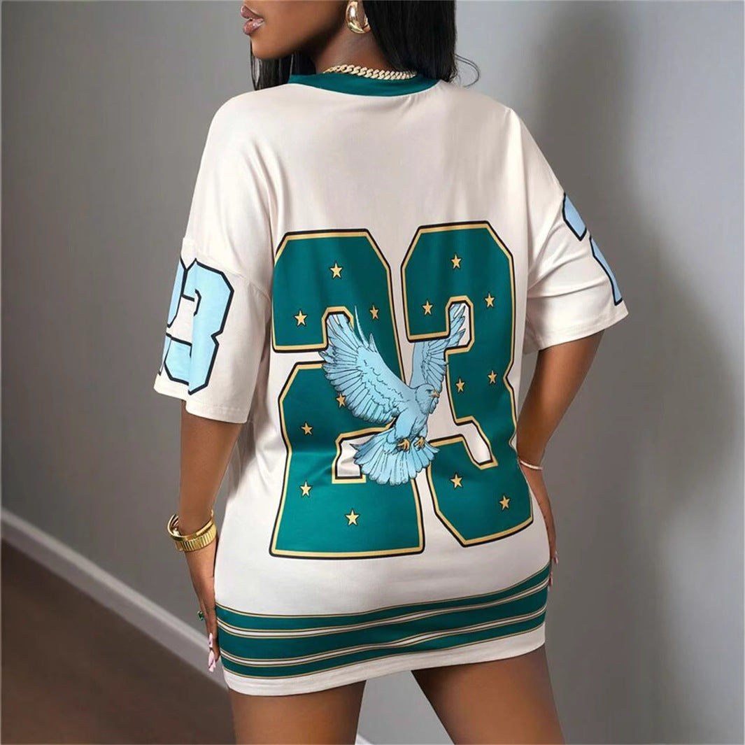 summer New Popular trade explosion personalized n digital printing V-neck short-sleeved loose dress