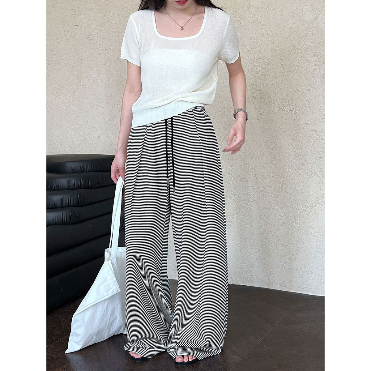 Luxi, striped wide-leg pants women's spring and summer new loose casual sweatpants straight-leg pants drawstring sports trousers 2631
