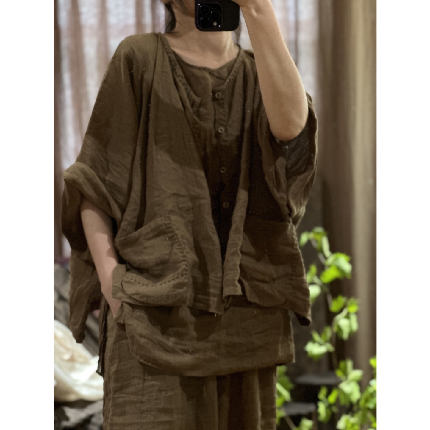 2025 23/4/Half Dust/Literary Retro Linen Hand Sewn Thread Breasted Loose Shoulder Shoulder Shirt