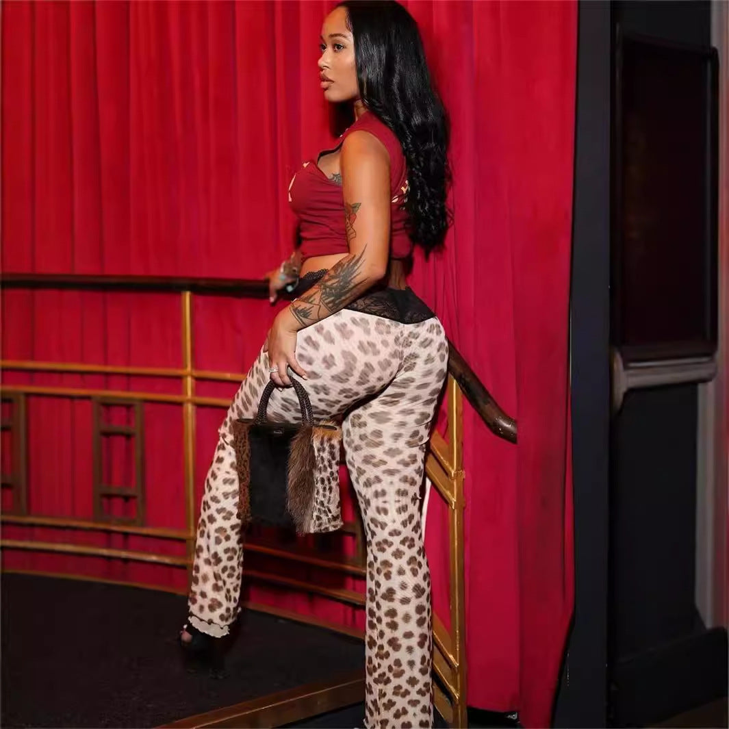 popular autumn new New fashion versatile high sense leopard print slim Spice girl lace mid-waist trousers women