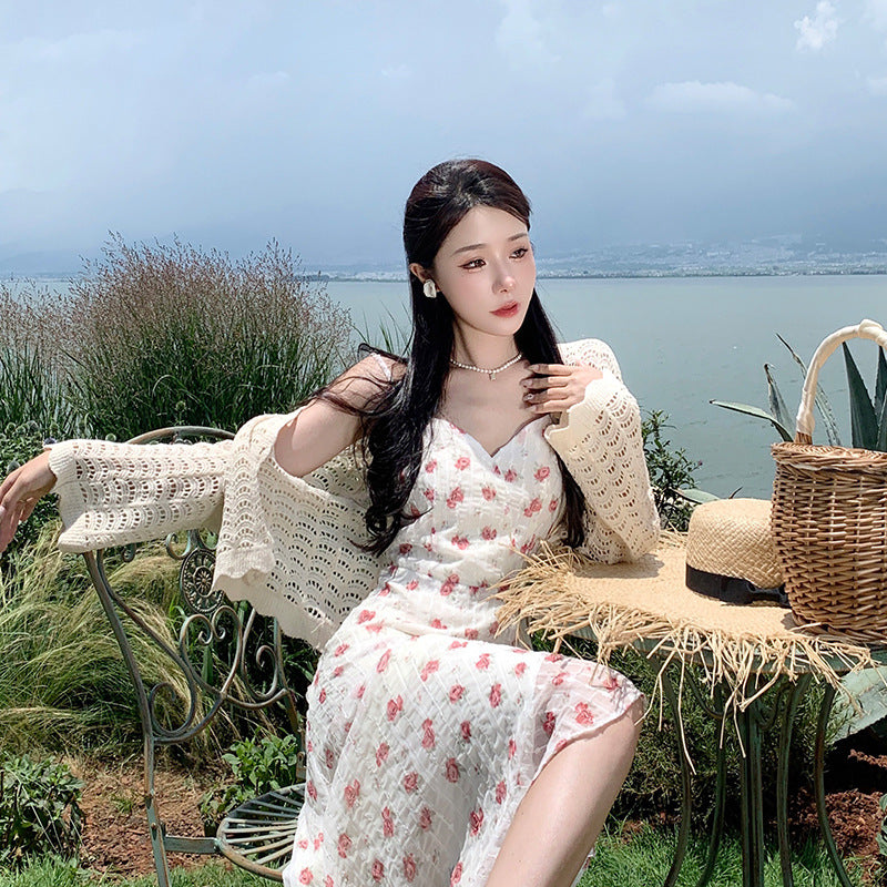 2025 Hollow knitted cardigan women's spring and summer thin slightly transparent long-sleeved sweater jacket crew neck air-conditioning shirt sunscreen top