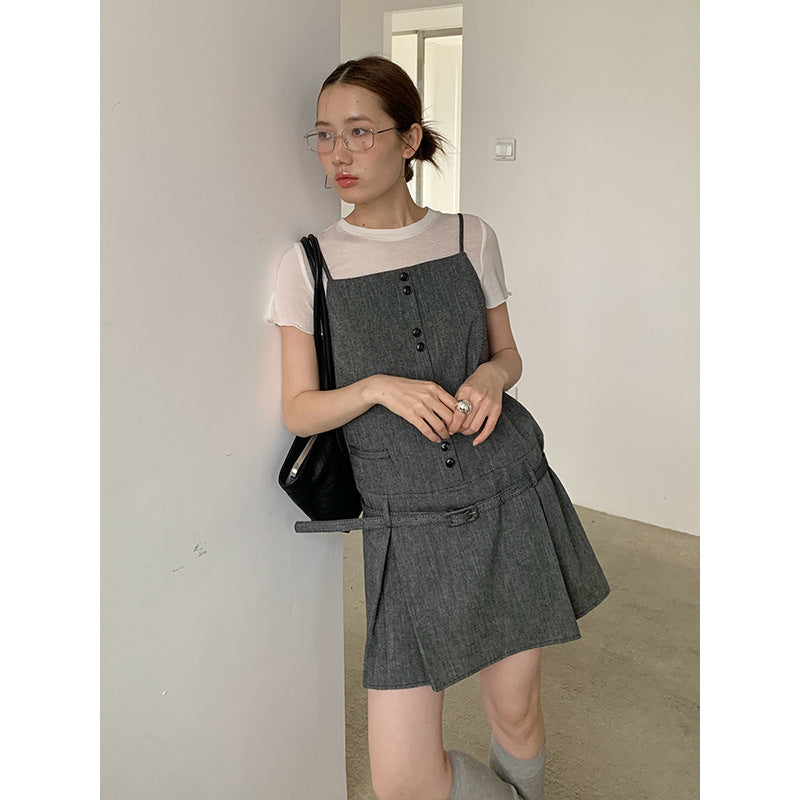 2025 TEH MIND Tencel suspender skirt 2025 thirteen lines of summer new Korean version of high waist and thin A-word skirt 013AX