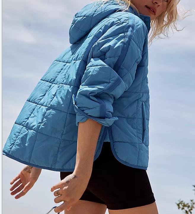 2023 Cross-border Autumn and Winter Solid Color Hooded Cotton Clothing Foldable Filled Pullover Pocket Long Sleeve Jacket Women